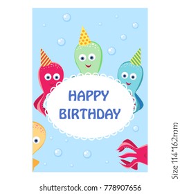 Greeting card happy birthday with funny octopus vector illustration