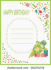Greeting card happy birthday with gifts. Background with confetti and balloons.