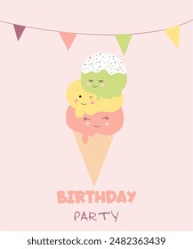 A greeting card. Happy Birthday. Invitation to the party. Cute ice cream. Vector character. Children's illustration.