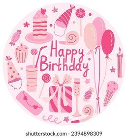 Greeting card with Happy Birthday lettering. Cakes, party hats, balloons, drinks, gifts. Hand drawn flat vector illustration. Template with numbers from 0 to 9 for composing the date of birth.
