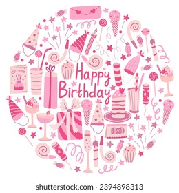 Greeting card with Happy Birthday lettering. Cakes, drinks, party hats, gift boxes. Hand drawn flat vector illustration. Great for birthday cards, posters.