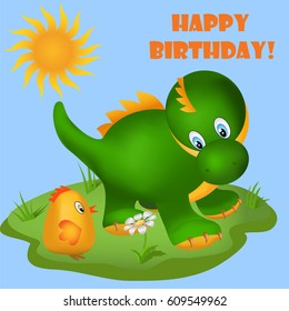Greeting card happy birthday - lovely vector card with funny dinosaur and chick. Vector illustration