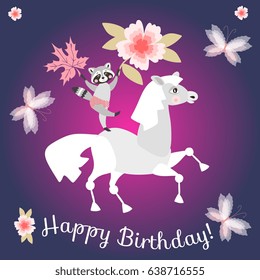 Greeting card Happy birthday with lovely horse, cute raccoon and charming butterflies. Square vector template.