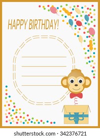 Greeting card happy birthday with monkey-gift. Background with confetti and balloons.