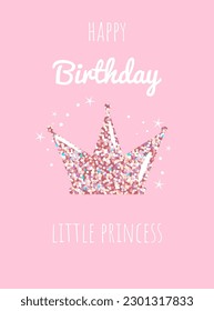 Greeting card Happy birthday My Little Princess with glitter pattern in pink colors. Seamless pattern in swatches