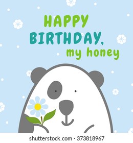 Greeting card with happy birthday, my honey. Illustration of china panda  with flower on blue background. Cartoon flat style. Vector colorful picture for design 