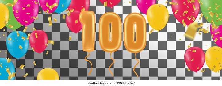 greeting card  Happy birthday number 100 in fun art style with Balloons party confetti. 
