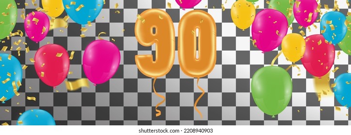 greeting card  Happy birthday number 90 in fun art style with Balloons party confetti. 
