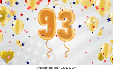 greeting card  Happy birthday number 93 in fun art style with Balloons party confetti. 
