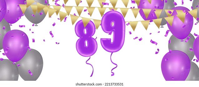 greeting card  Happy birthday number 89 in fun art style with Balloons party confetti. 
