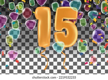 greeting card  Happy birthday number 15 in fun art style with Balloons party confetti. 
