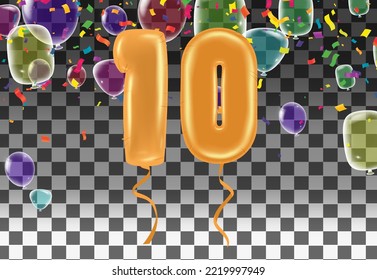greeting card  Happy birthday number 10 in fun art style with Balloons party confetti. 
