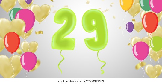 greeting card  Happy birthday number 29 in fun art style with Balloons party confetti. 
