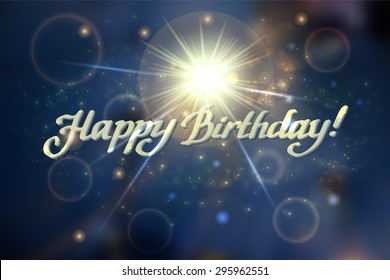 Greeting Card Happy Birthday on the cosmic background with small particles of light