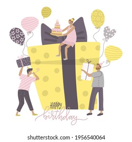 Greeting card - Happy Birthday party celebration with friends. Happy tiny people characters blow their whistles, giving gifts, dance, celebrate holiday around a big gift box. Flat vector illustration.