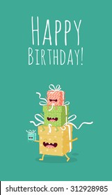 Greeting card Happy Birthday present boxes. Comic characters. Vector cartoon. Use for card, poster, banner, web design and print on t-shirt. Easy to edit. Vector illustration.