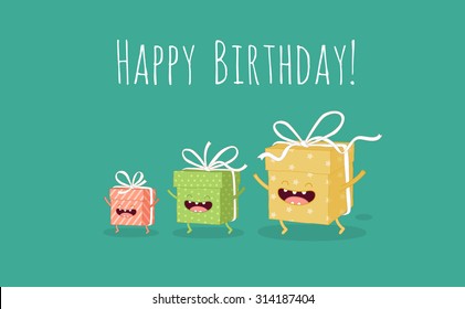 Greeting card Happy Birthday present boxes. Comic characters. Vector cartoon. Use for card, poster, banner, web design and print on t-shirt. Easy to edit. Vector illustration.