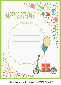 Greeting card Happy Birthday with scooter, gift and balloons. Background with confetti and balloons.
