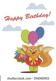 Greeting card Happy Birthday with a sly fox with flowers and balloons