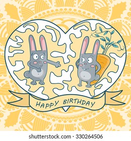 greeting card happy birthday. two rabbits, carrots, heart, floral background. vector.