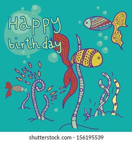 Greeting card. Happy birthday Underwater. Vector cartoon illustration