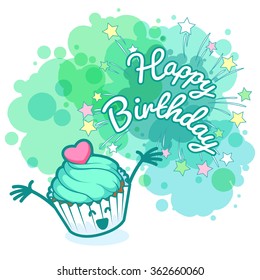 Greeting card "Happy Birthday" with very happy cupcake. Turquoise blobs on white background. Vector template greeting card.