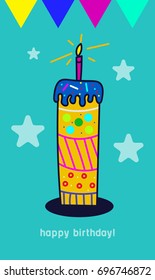 Greeting card happy birthday with victory. Hand drawn cake with candle. Vector illustration