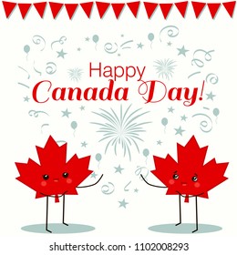 Greeting card of Happy Canada Day vector illustration with two happy maple leaf and Canada's symbols.