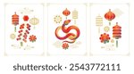 Greeting card happy chinese New Year 2025. Snake zodiac with curtain lantern for banner design. China lunar calendar animal. Chinese CNY, hanging lamp and flowers, firecrackers and golden coins