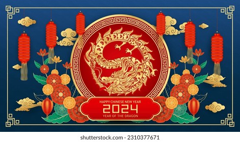 Tarjeta de saludo Feliz Año Nuevo Chino 2024. Signo de zodiaco dorado del dragón sobre fondo azul con nubes de flores y linterna para el diseño de pancartas. Animales del calendario lunar de China. EPS10 vectores.