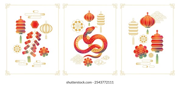 Tarjeta de felicitación feliz año Nuevo chino 2025. Zodiaco de serpiente con linterna de cortina para diseño de Anuncio. Animales del calendario lunar de China. CNY chino, lámpara colgante y flores, petardos y monedas de oro