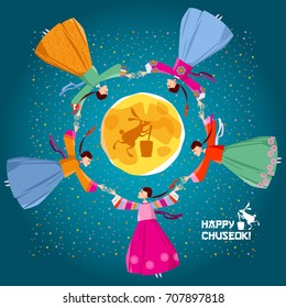 Greeting card "Happy Chuseok!". Korean traditional Mid Autumn Festival. Women in traditional Korean dress go around in circle holding hands. The Ganggangsullae folk dance. Vector illustration