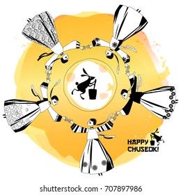 Greeting card "Happy Chuseok!". Women in traditional Korean dress go around in circle holding hands. The Ganggangsullae folk dance. Black and white. Vector illustration