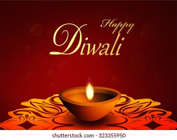 Greeting card Happy Diwali / oil lamp on a patterned background