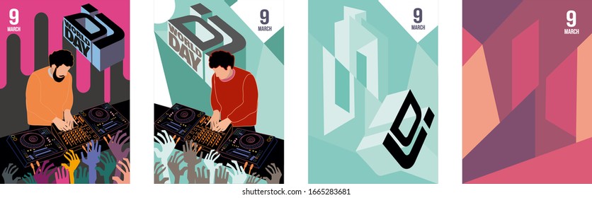 Greeting card for Happy DJ Day. DJ plays music people dance in vector. Background for party poster. DJ logo.  Vector illustration for t-shirts and bags. Abstract background for everything. CDJ vector.