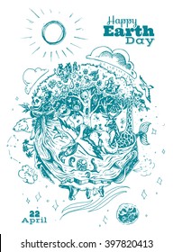 greeting card - happy earth day. on 22 April. illustration with animals, trees and the sea. Planet in the form of a ship, Noah's Ark, the sun, the moon. sketch. vector. Earth - home 