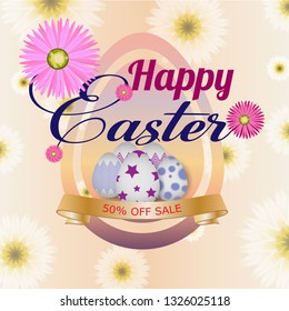  Greeting Card. Happy easter background template with beautiful flowers, ribbon and eggs. Vector illustration