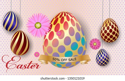  Greeting Card. Happy easter background template with beautiful flowers and eggs. Vector illustration eggs.