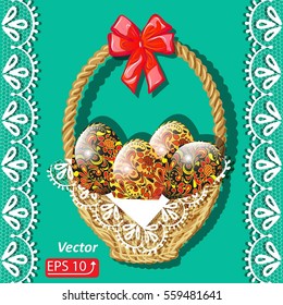 Greeting card Happy Easter with basket eggs ,white lacy border, red silk bow on green background vector illustration