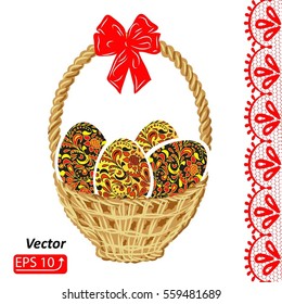 Greeting card Happy Easter with basket eggs ,white lacy border, red silk bow on white background vector illustration