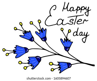 Greeting card for Happy Easter with beautiful blue flowers. Vector hand-drawn illustration and isolated on a white background.Perfect for invitations, greeting cards, print, flyers, posters