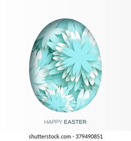 Greeting card with Happy Easter - with blue flower Easter Egg on white background. Vector design illustration
