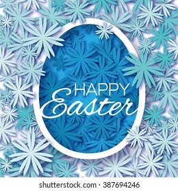 Greeting card with Happy Easter - with blue flower Easter Egg on white background. Oval egg template. Vector design illustration