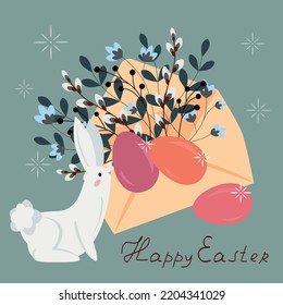Greeting card happy easter bouquet of flowers easter bunny