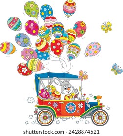 Tarjeta de felicitación con un feliz conejo de Pascua conduciendo su coche retro de lujo con globos pintados de colores para las vacaciones, ilustración de dibujos animados vectorial aislado sobre un fondo blanco