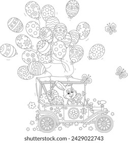 Greeting card with a happy Easter Bunny driving its fancy retro car with painted balloons and gifts for the holiday, black and white vector cartoon illustration for a coloring book