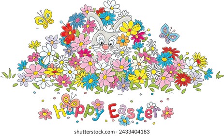 Greeting card with a happy Easter bunny among colorful spring flowers and merry butterflies fluttering around a pretty flowerbed in a fairy garden, vector cartoon illustration