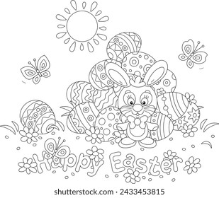 Greeting card with a happy Easter bunny and a pile of painted gift eggs on a pretty sunny lawn with spring flowers and merry butterflies fluttering around, vector cartoon illustration