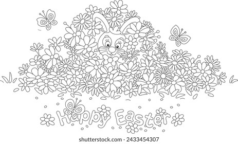 Greeting card with a happy Easter bunny among spring flowers and merry butterflies fluttering around a pretty flowerbed in a fairy garden, black and white vector cartoon illustration