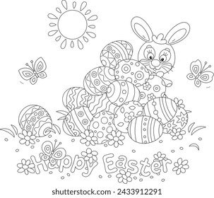 Greeting card with a happy Easter bunny and a pile of painted gift eggs on a pretty sunny lawn with spring flowers and merry butterflies fluttering around, vector cartoon illustration